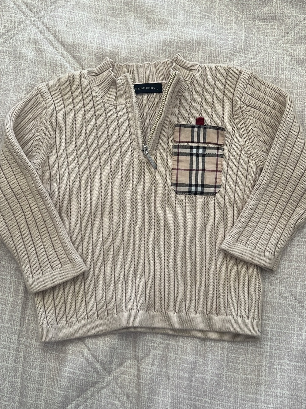 Burberry Cream Ribbed Half-Zip Knit Sweater